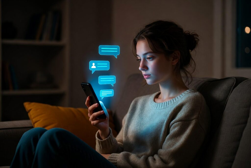 Teen scrolling through AI chatbot prompts on a smartphone