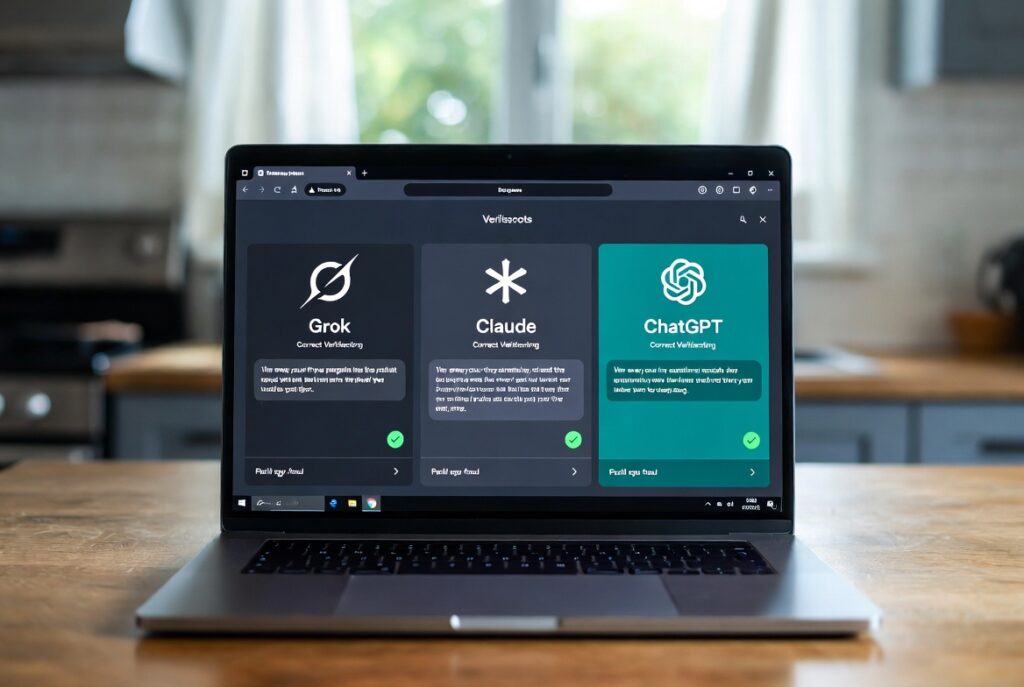 Laptop computer displaying open browser tabs for AI chatbots Grok, Claude and ChatGPT