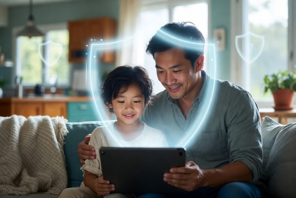 Father and son seated in a living room, looking at a tablet computer with a safety shield icon hovering above