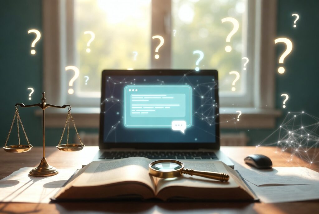 Laptop computer with question marks floating above and open book, magnifying glass and balance in the foreground
