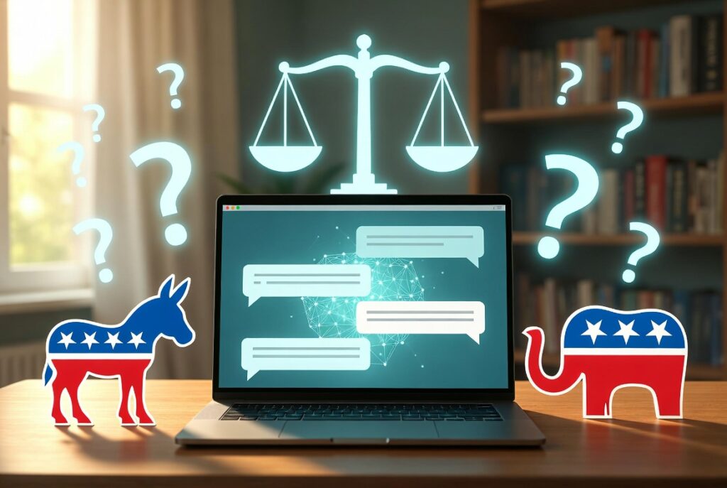 Laptop displaying AI chatbot prompts, with graphic of a balance above, Democratic Party donkey logo on the left, and Republican Party elephant logo on the right.