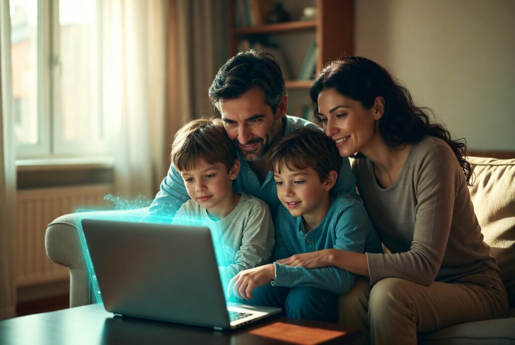Mother, father and two children seated in a living room looking at a laptop computer