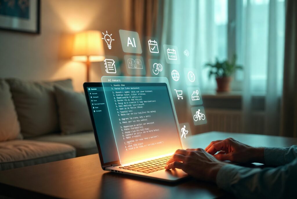 Hands typing on a laptop computer which is displaying AI-generated text