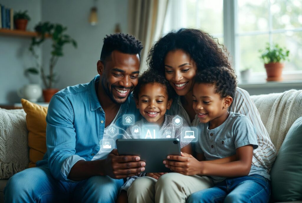 Father, mother and two children seated in a living room looking at a tablet computer