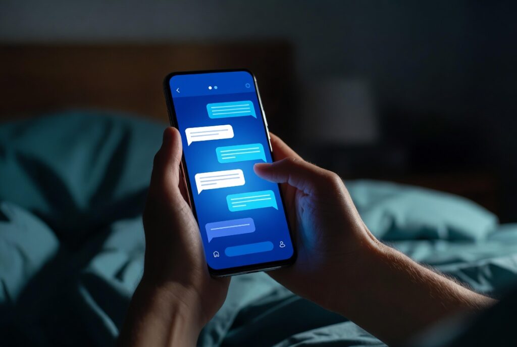 Hands holding a smartphone displaying AI chatbot text exchanges