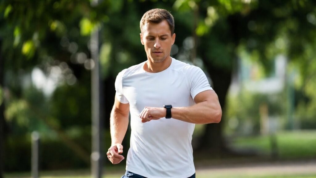 Jogger talking to smart watch