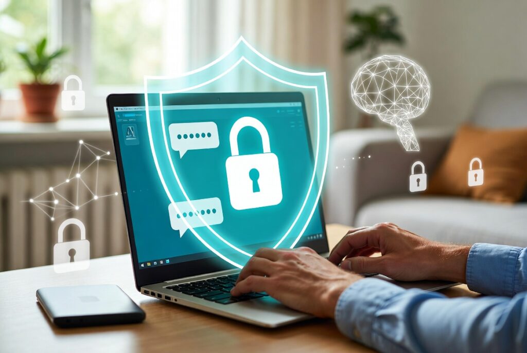 Hands typing on a laptop computer which is displaying a security shield and lock icon