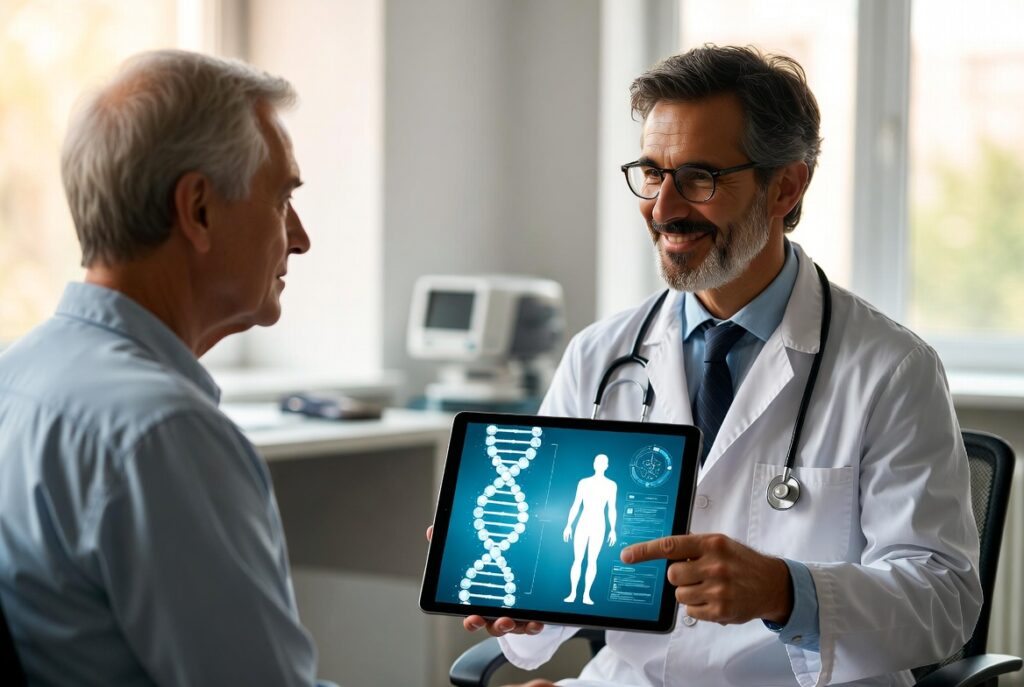Doctor in an exam room displaying medical information on a tablet computer to a patient