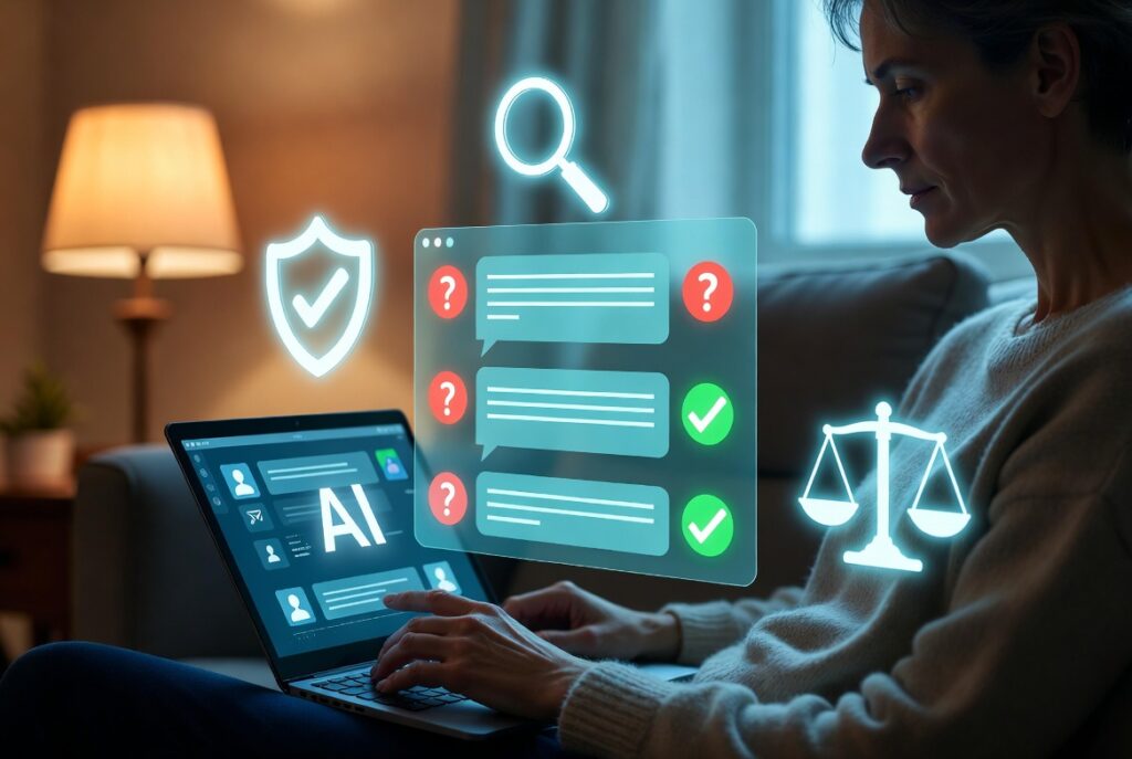 Woman typing on a laptop computer displaying AI chatbot text exchanges with a shield, magnifying glass and balance icons floating around