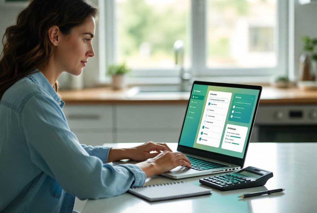 Woman seated in kitchen typing on a laptop computer with calculator, notepad and pen present